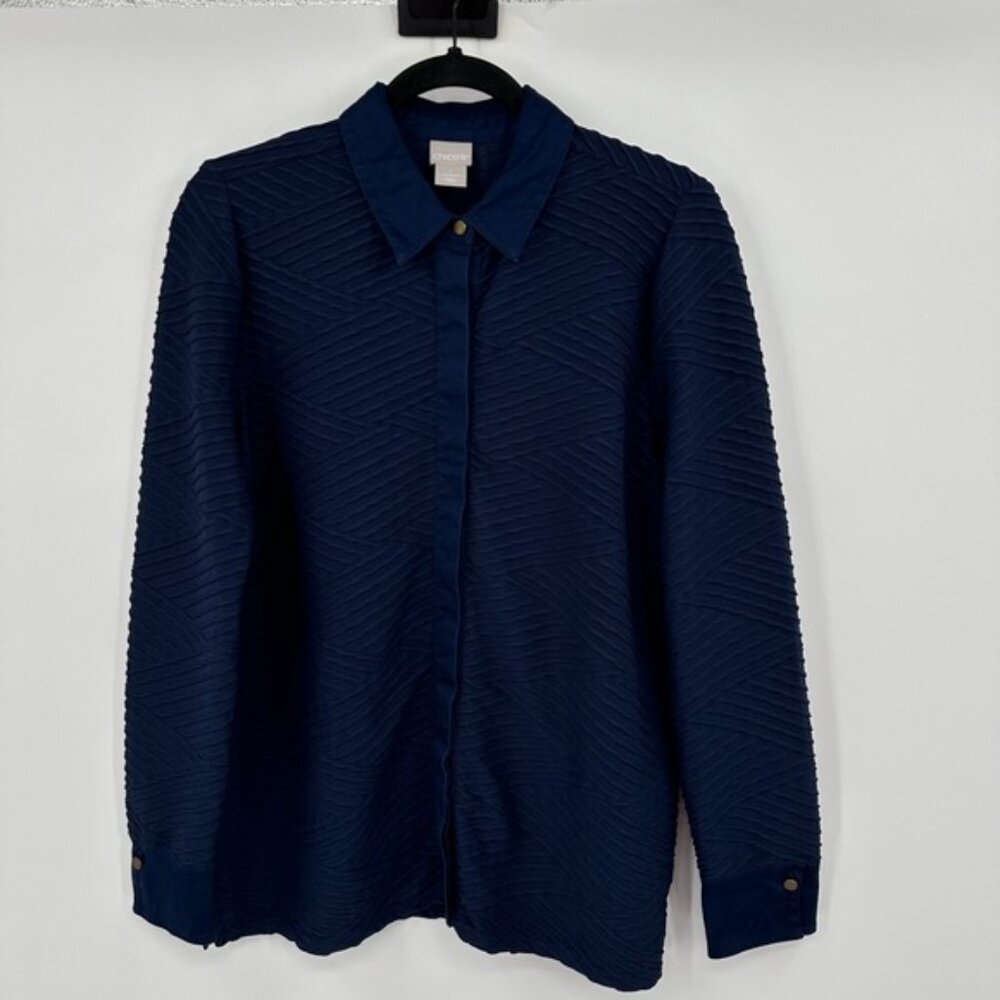 Chicos Textured Navy Blue Button‎ Front Shirt Top Women US Size 1